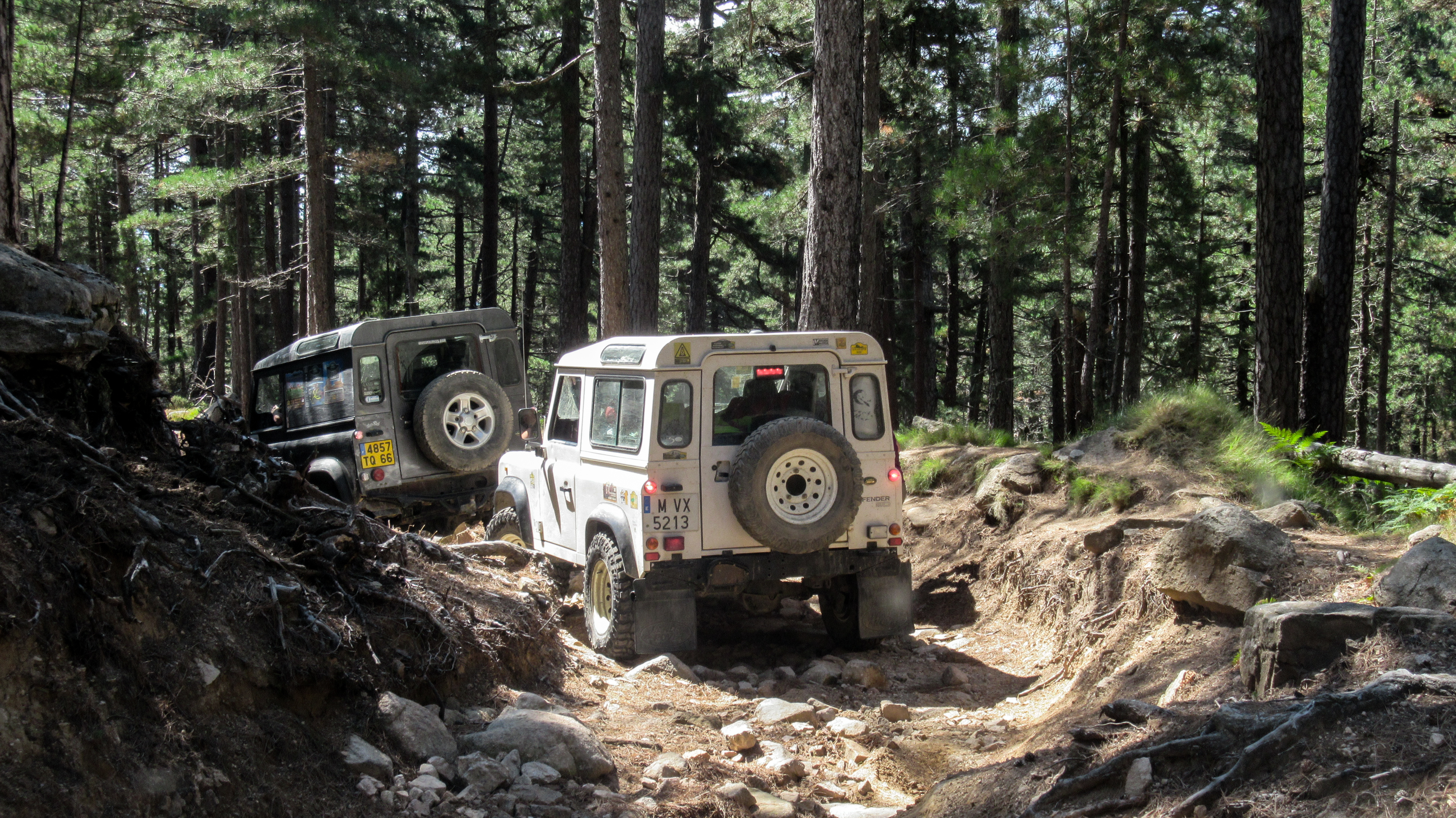 Two Land Rover Defender vehicles off-roading on a dirt track through a forest.