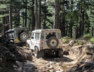 Two Land Rover Defender vehicles off-roading on a dirt track through a forest.