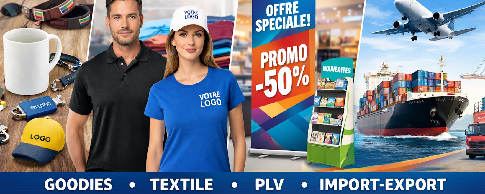goodies, textiles et PLV, avec une expertise en import-export et logistique