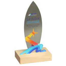 Trophée personnalisé avec socle et éléments graphiques colorés