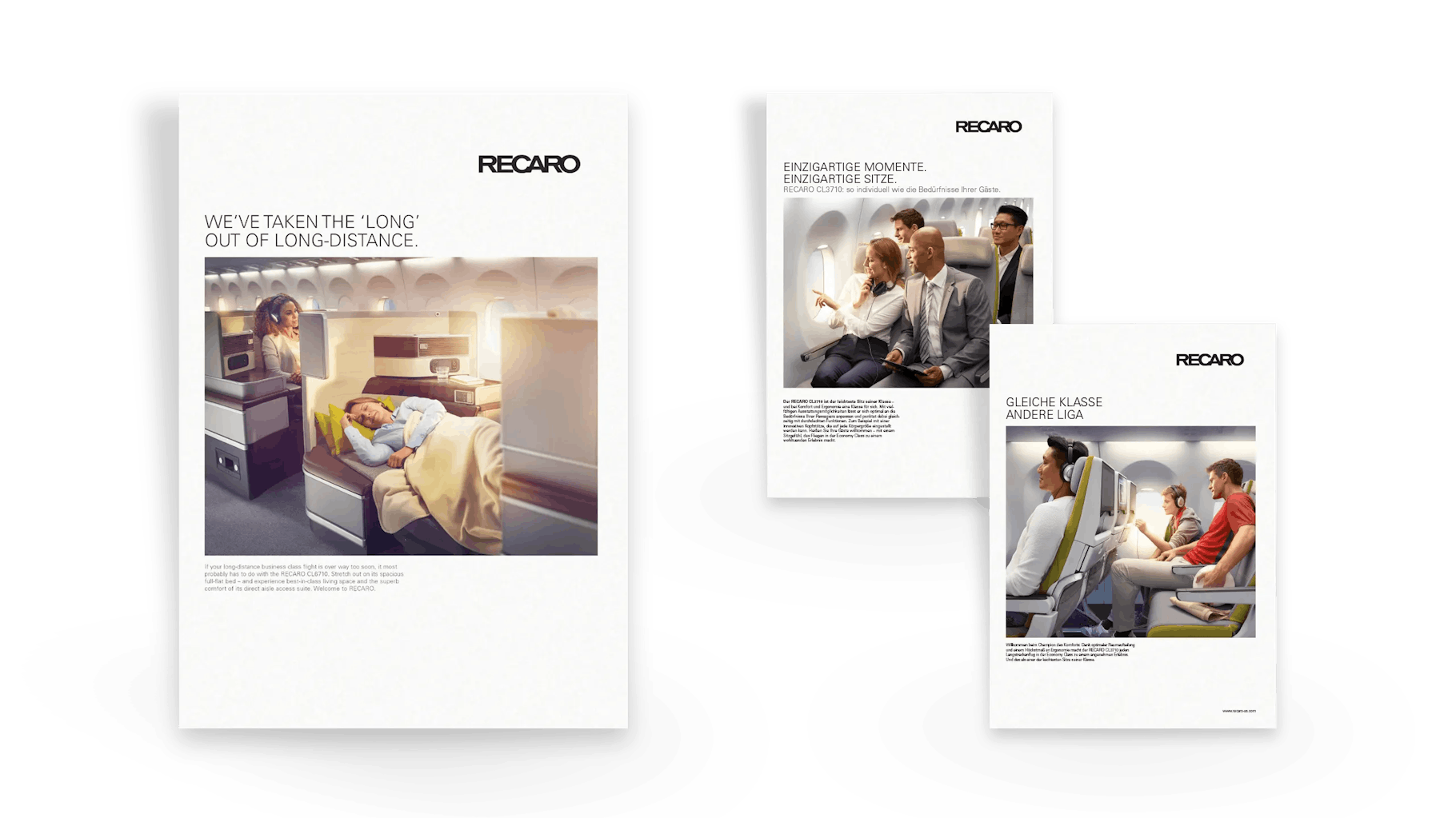 Drei Bilder zu dem Thema Kommunikationsdesign der Recaro-Kampagne zeigen verschiedene Szenen in einem Flugzeug.