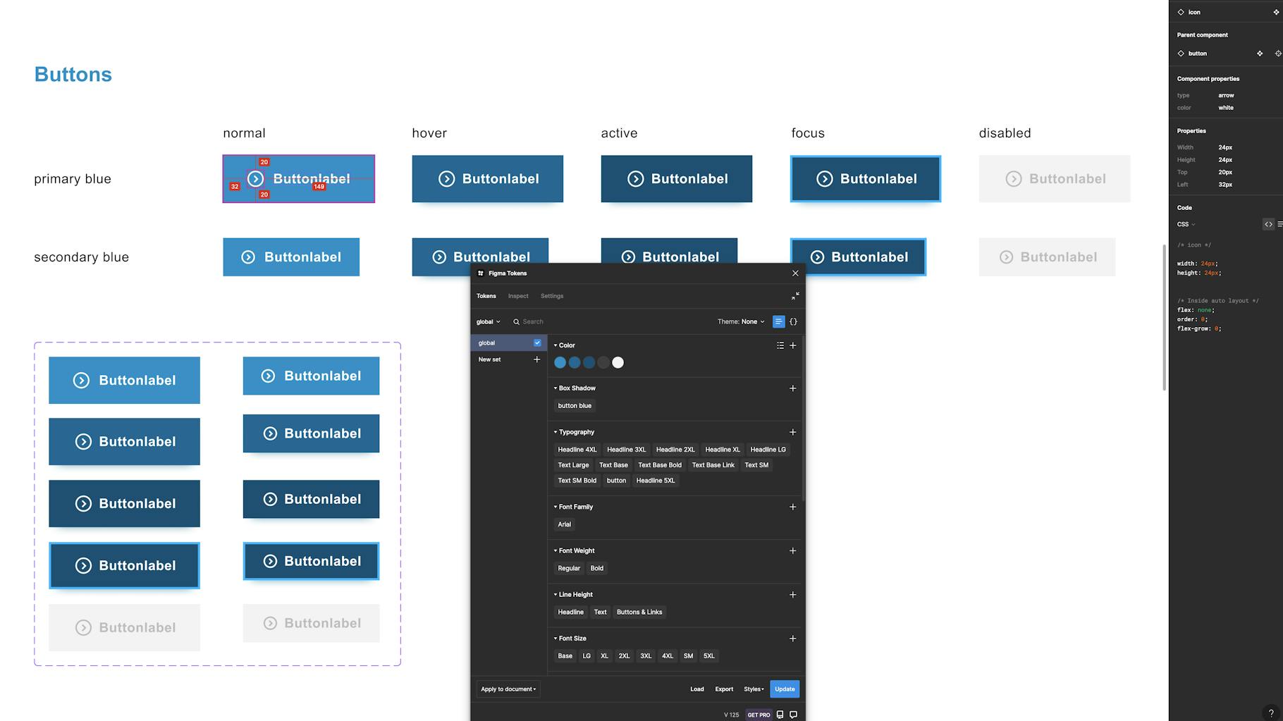 Screenshot of the Figma platform showing various button settings