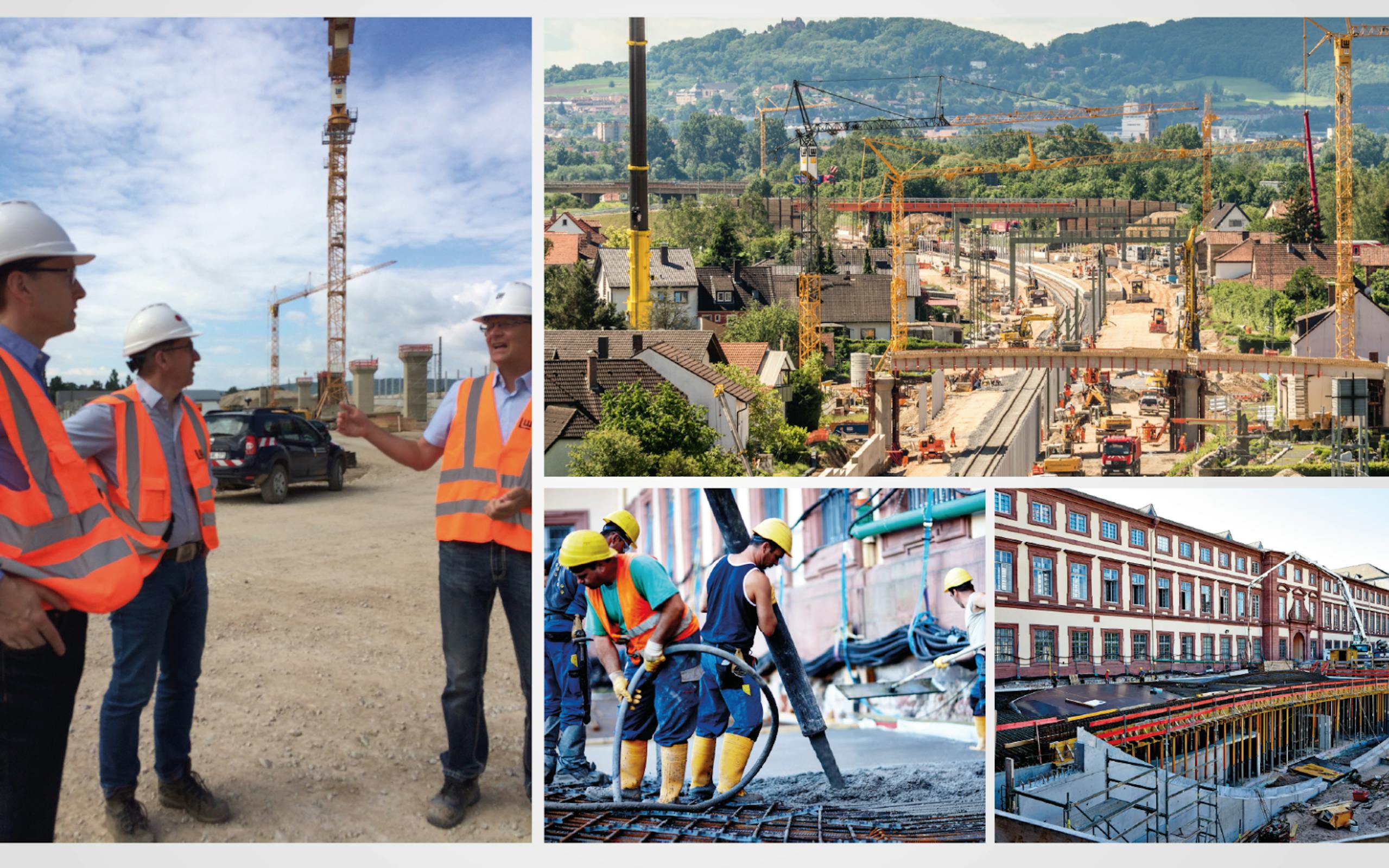 Collage aus vier Einzelbildern, die verschiedene Tätigkeiten und Einblicke rund um das Thema Bau zeigt