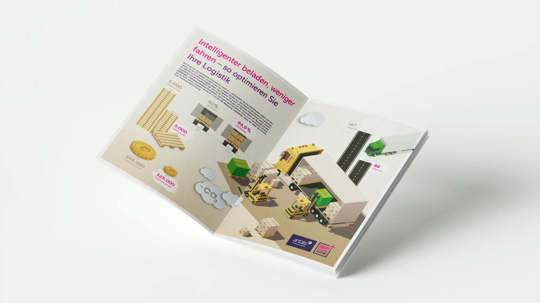 Ein aufgeschlagenes Magazin, das Illustrationen zur Logistik von Antalis Verpackungen zeigt 