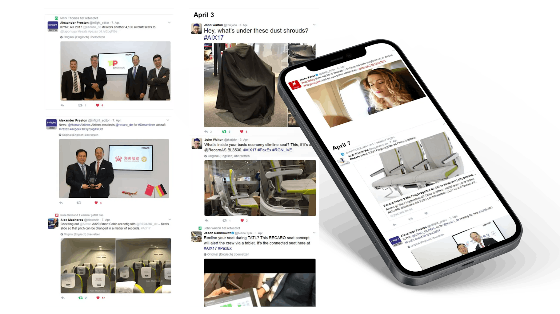 Auszüge von Social-Media-Posts von der Recaro Blogger-Night zu dem Thema Kommunikationsdesign.