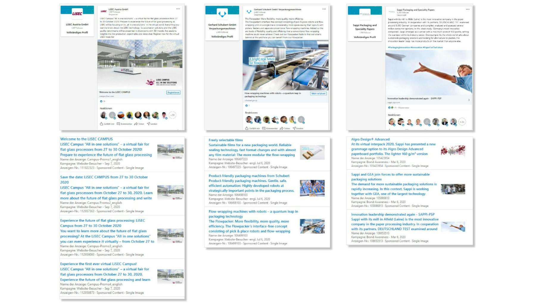Linkedin campaigns for the Schubert company, various posts are shown