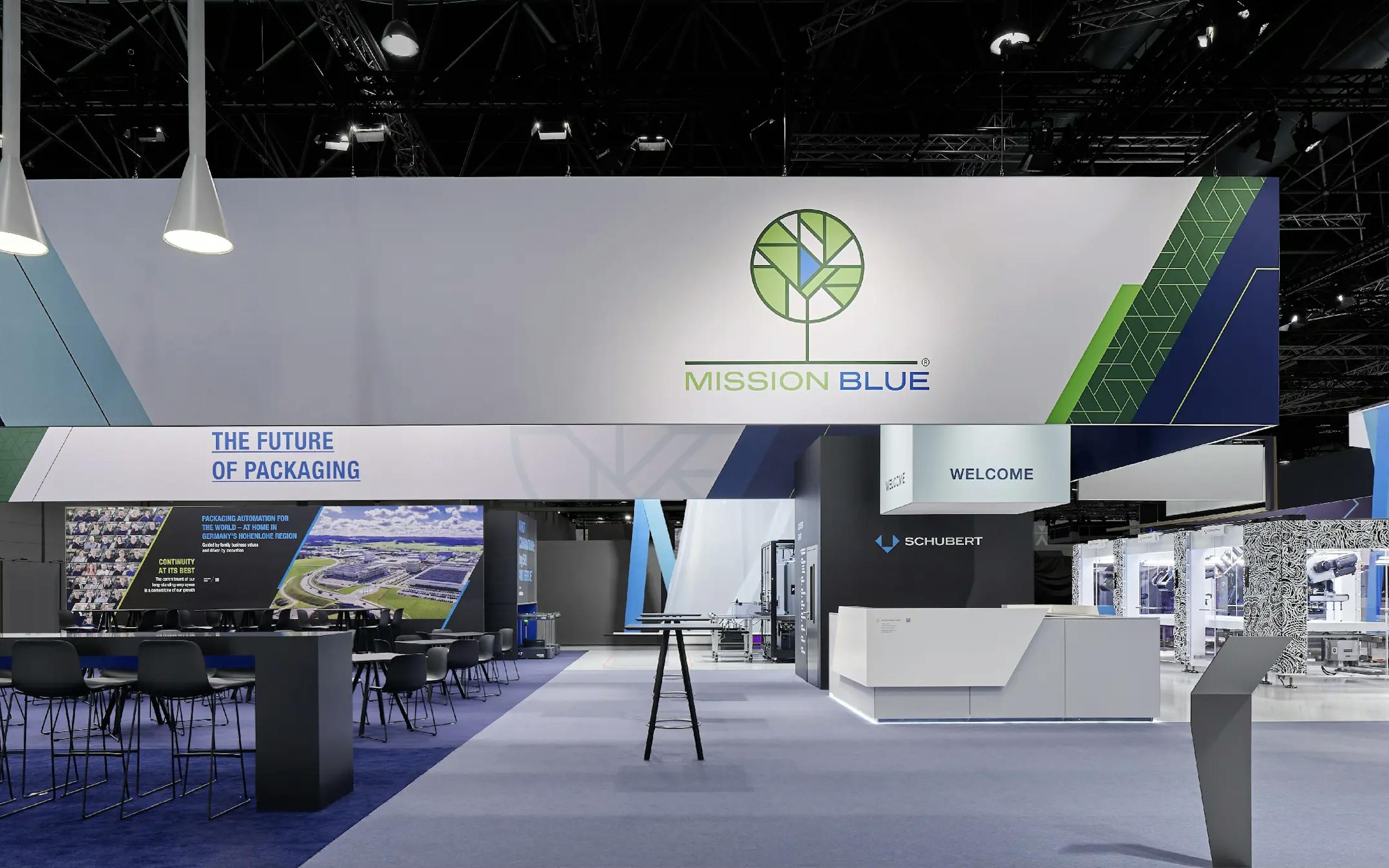 Ein Foto zu dem Messeauftritt von dem Kunde Schubert zum Thema Mission Blue mit gestaltetem Messestand der Ruess Group GmbH.