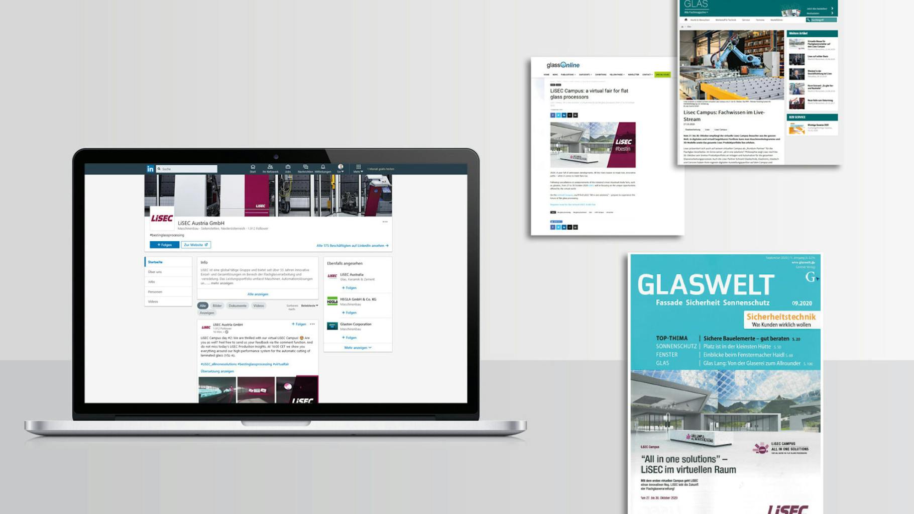 Auf einem Laptop ist ein LinkedIn-Profil der Firma Lisec zu sehen, rechts neben dem Laptop sind eine Zeitschrift und zwei Screenshots einer Website zu sehen.