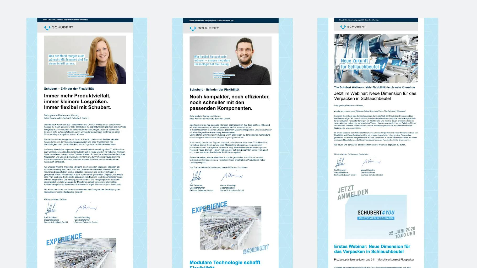 Drei Bildschirmfotos auf denen der Newsletter des Unternehmens Schubert zu sehen ist.