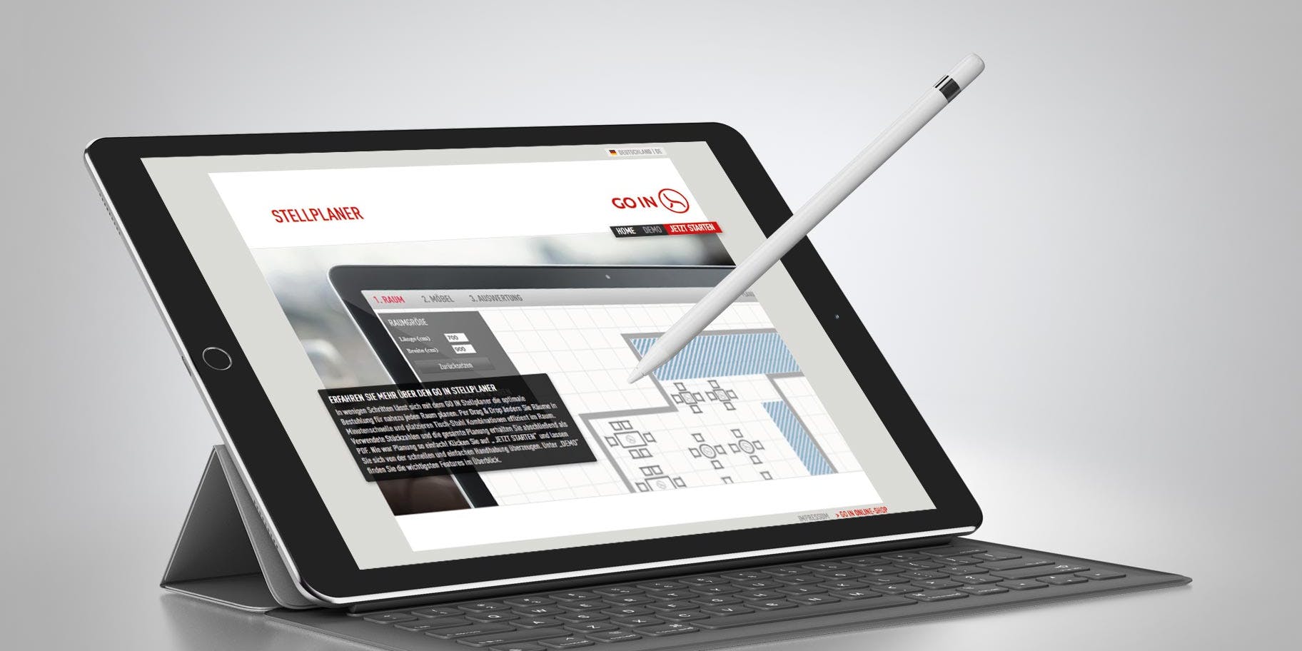 A tablet shows the web tool "Stellplaner" from Go, it is a product configurator.
