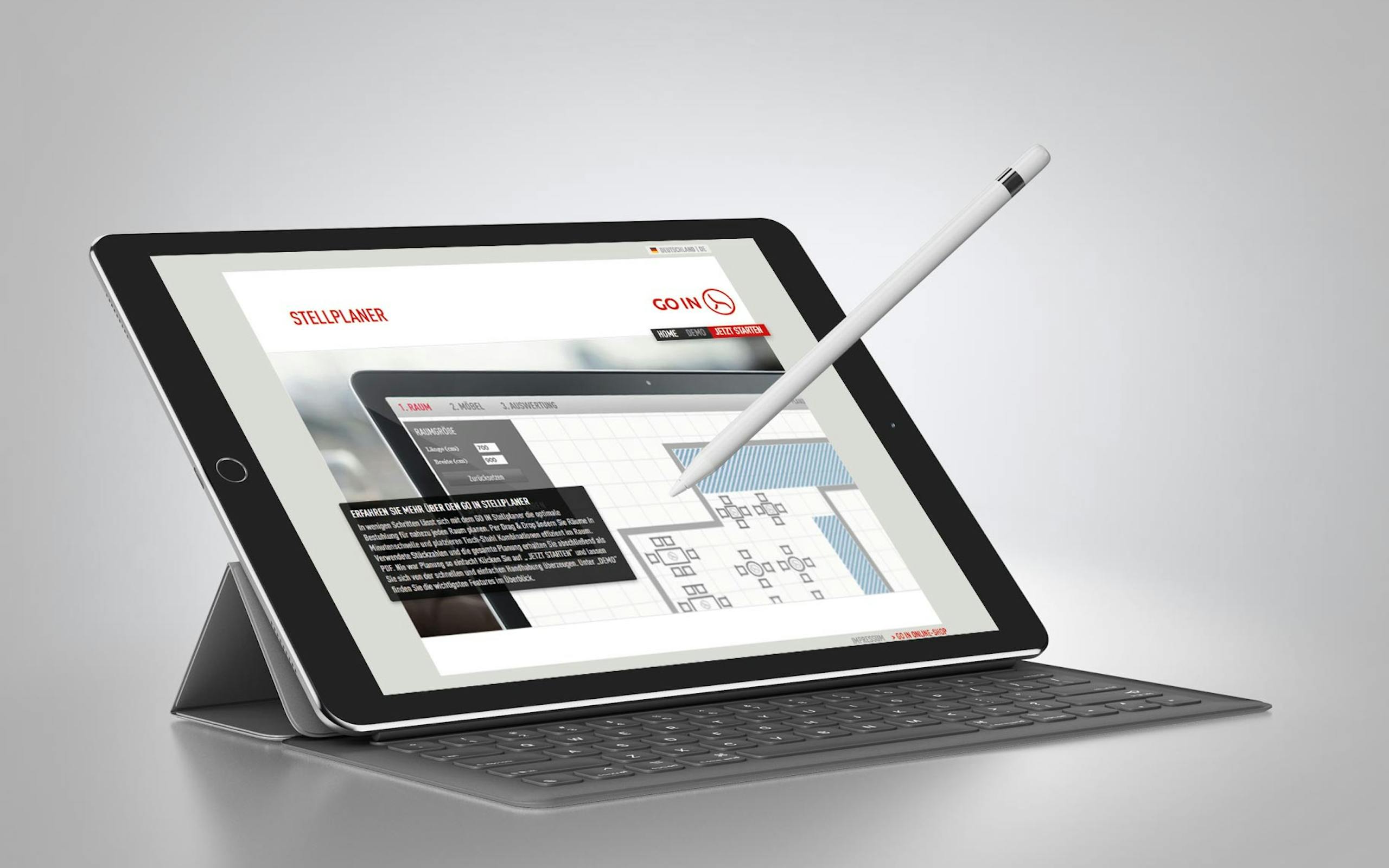 A tablet shows the web tool "Stellplaner" from Go, it is a product configurator.