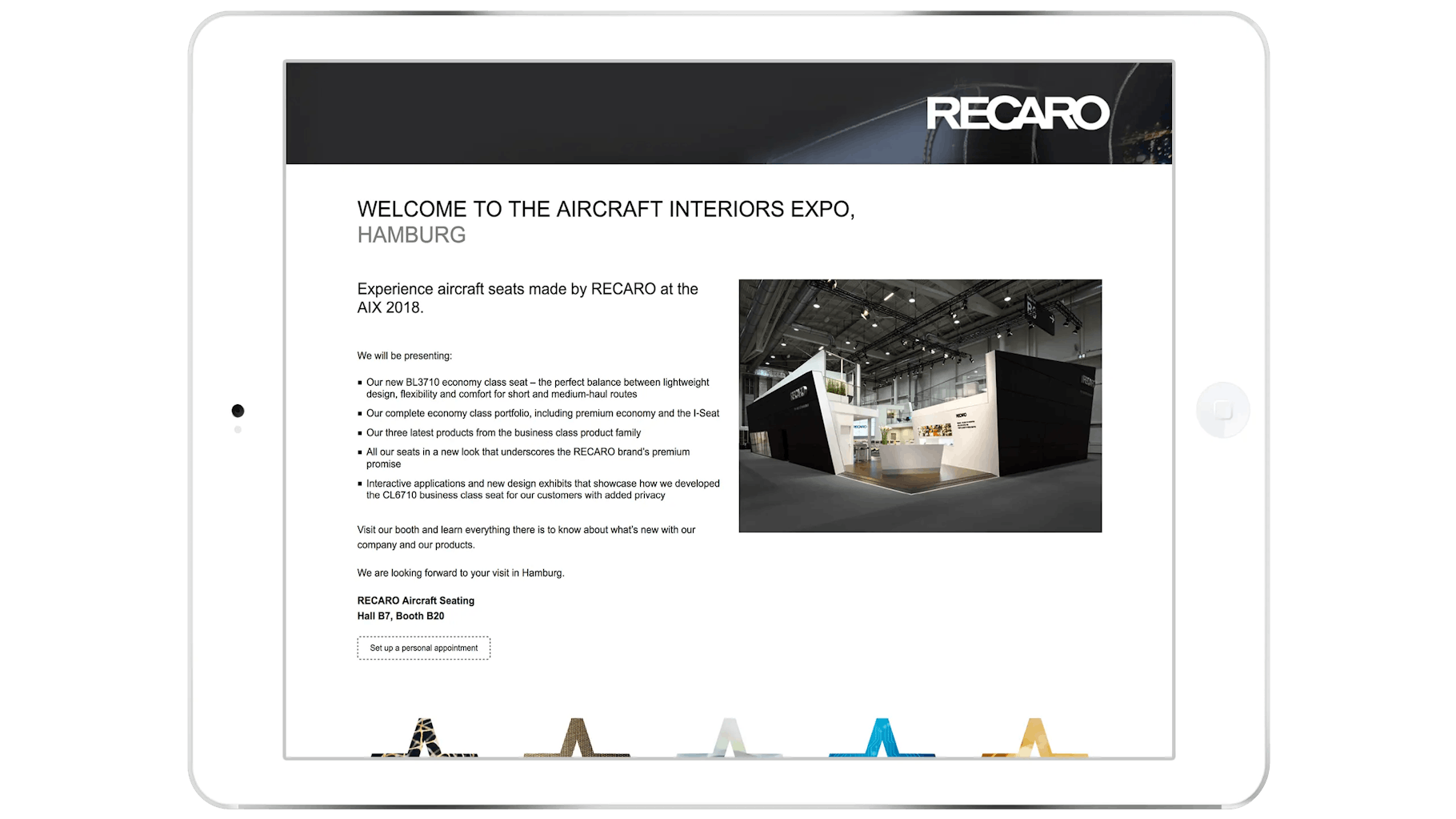 An IPad shows the website for Recaro's trade fair presentation 