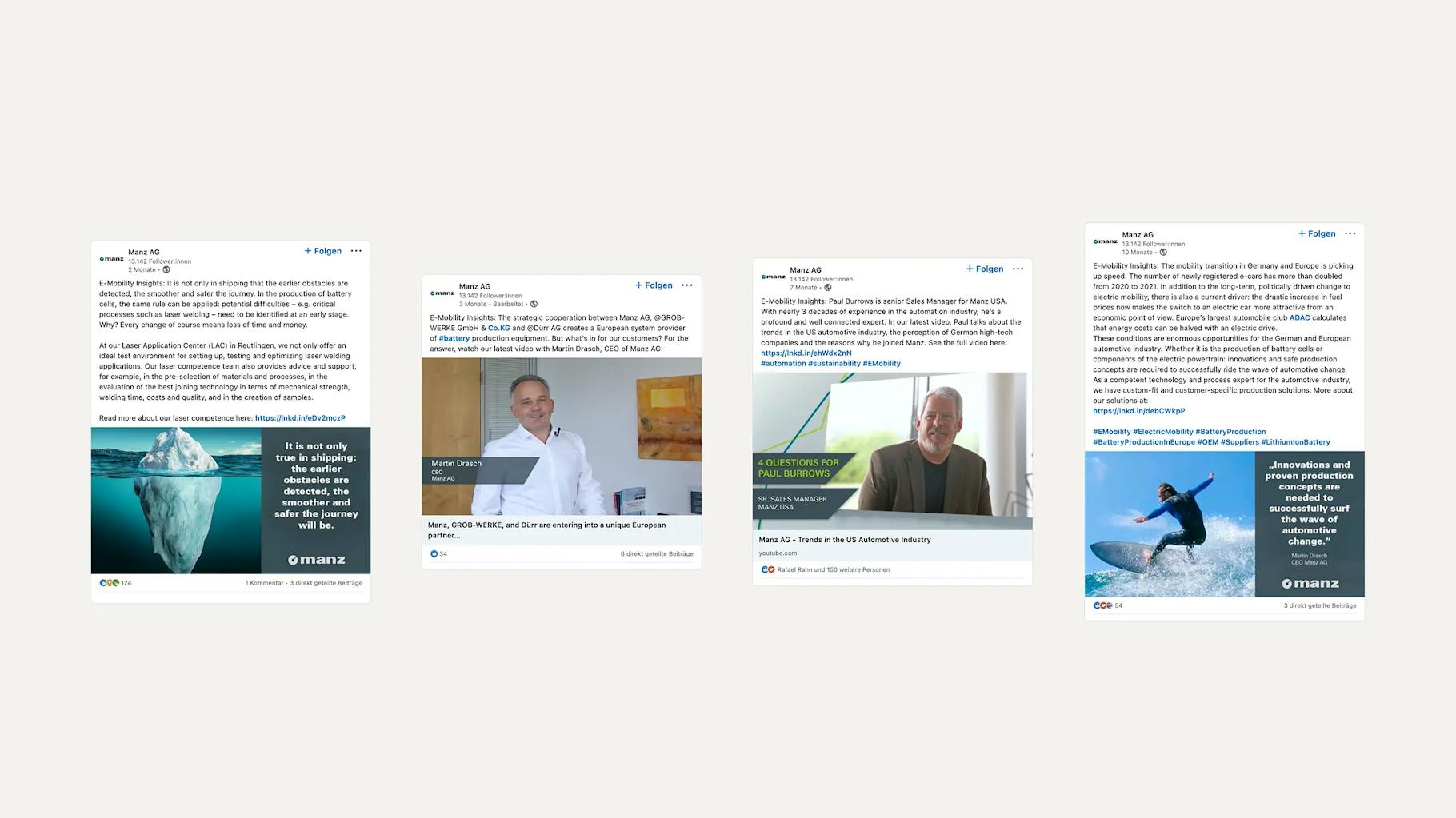 Das Bild zeigt eine Collage mit vier Artikel mit Bildern von der Manz AG, die für eine digitale kampagne verwendet wurden.