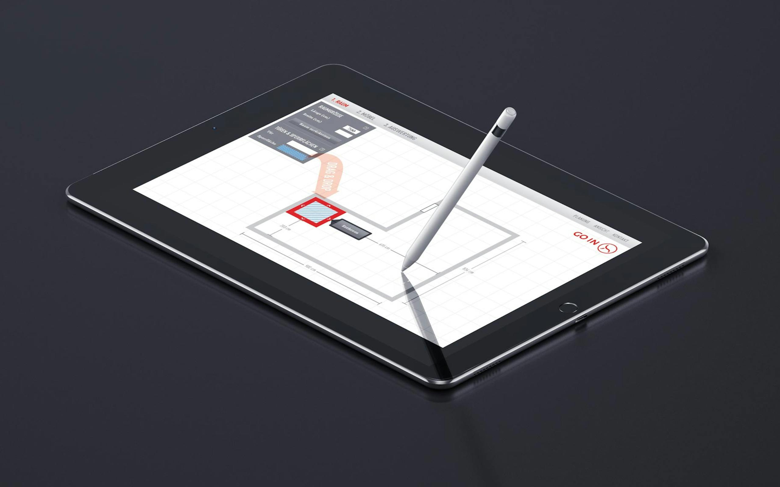 A horizontal tablet shows a product configurator from Go in.