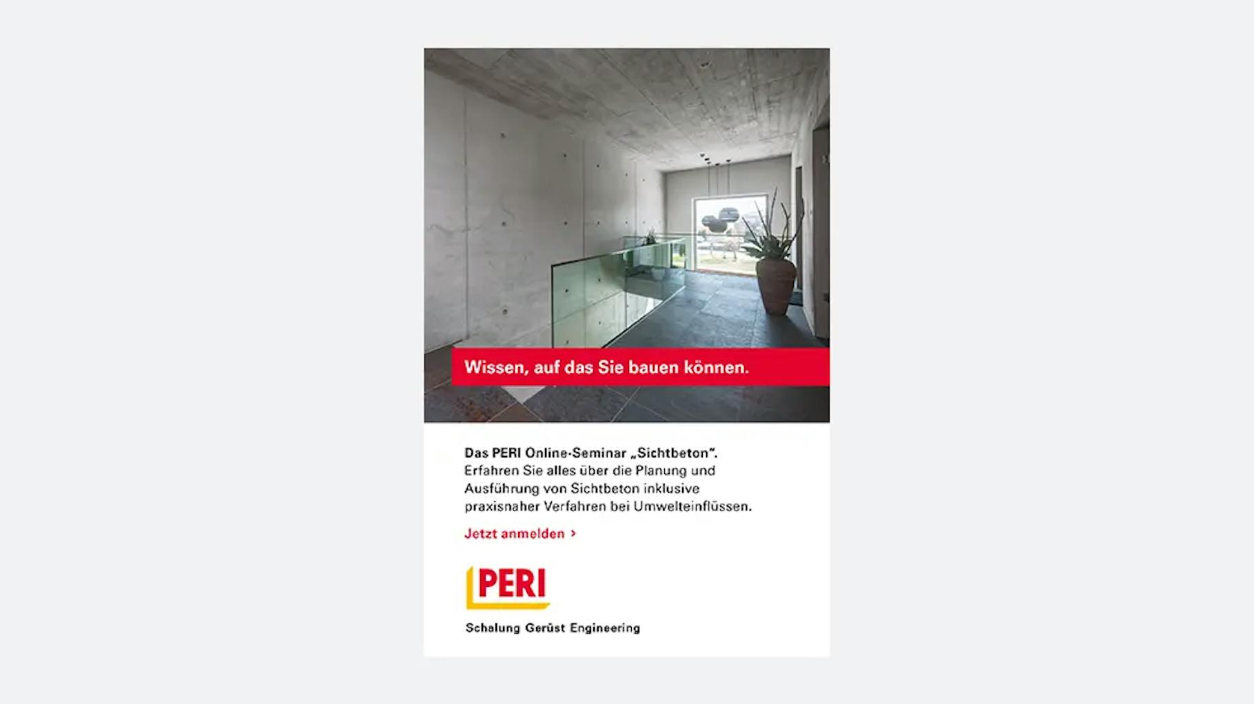 PERI national advertisement for an online seminar "Exposed Concrete