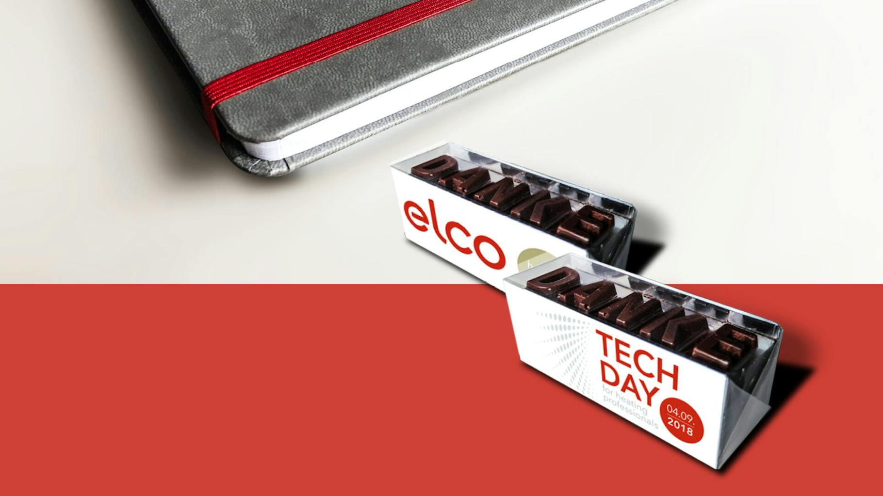 Ein Notizbuch und Schokolade mit dem ELCO-Logo als PR-Event Giveaways 
