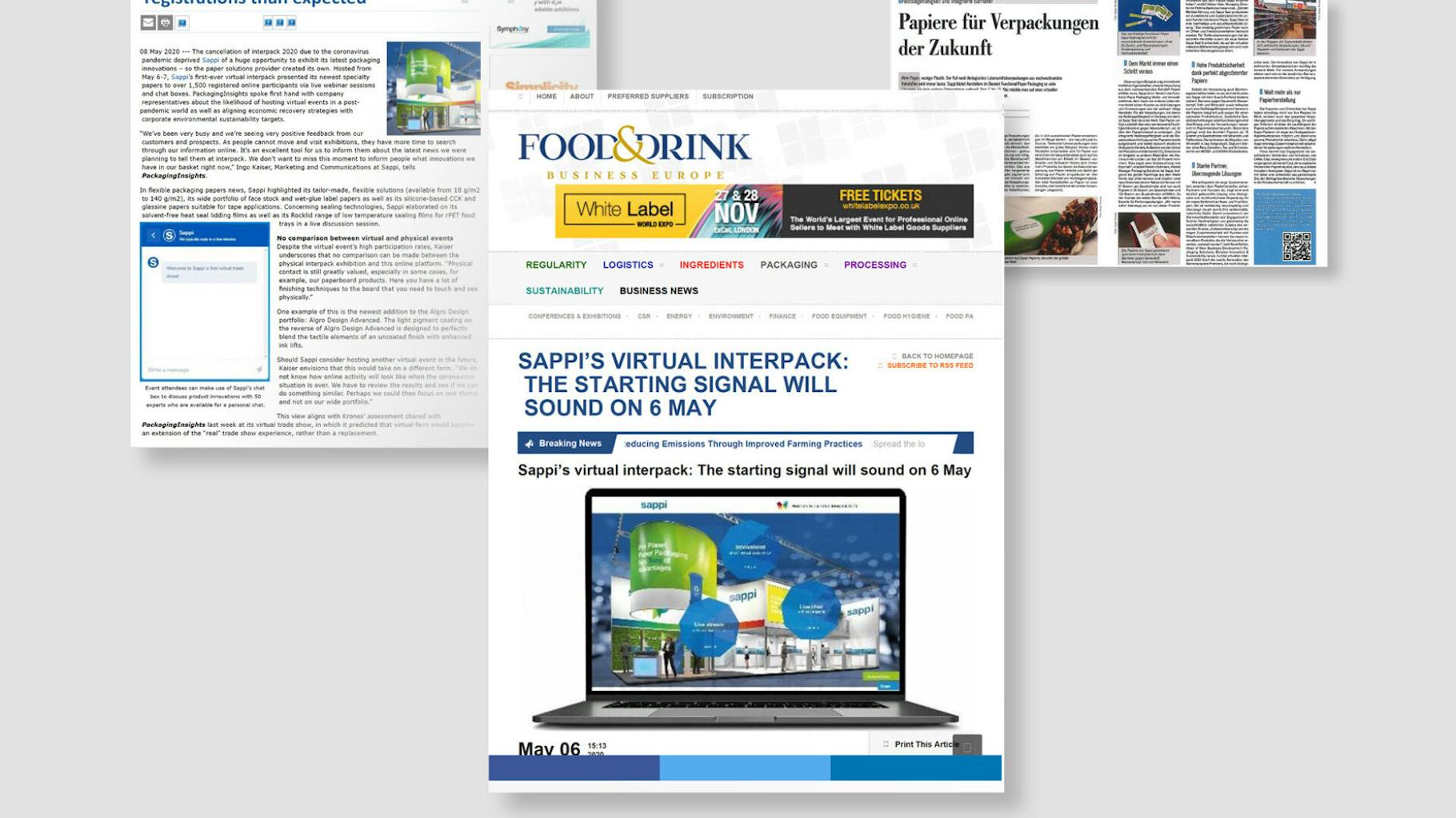 Two screenshots of a website and a scan of a magazine on the subject of virtual trade fairs are shown.