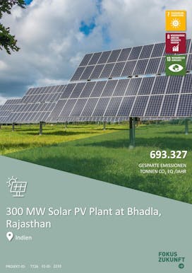 Solarpark auf einer grünen Wiese, ein Text sagt, dass 693.327 Tonnen CO2 EQ/Jahr Emissionen gespart wurden