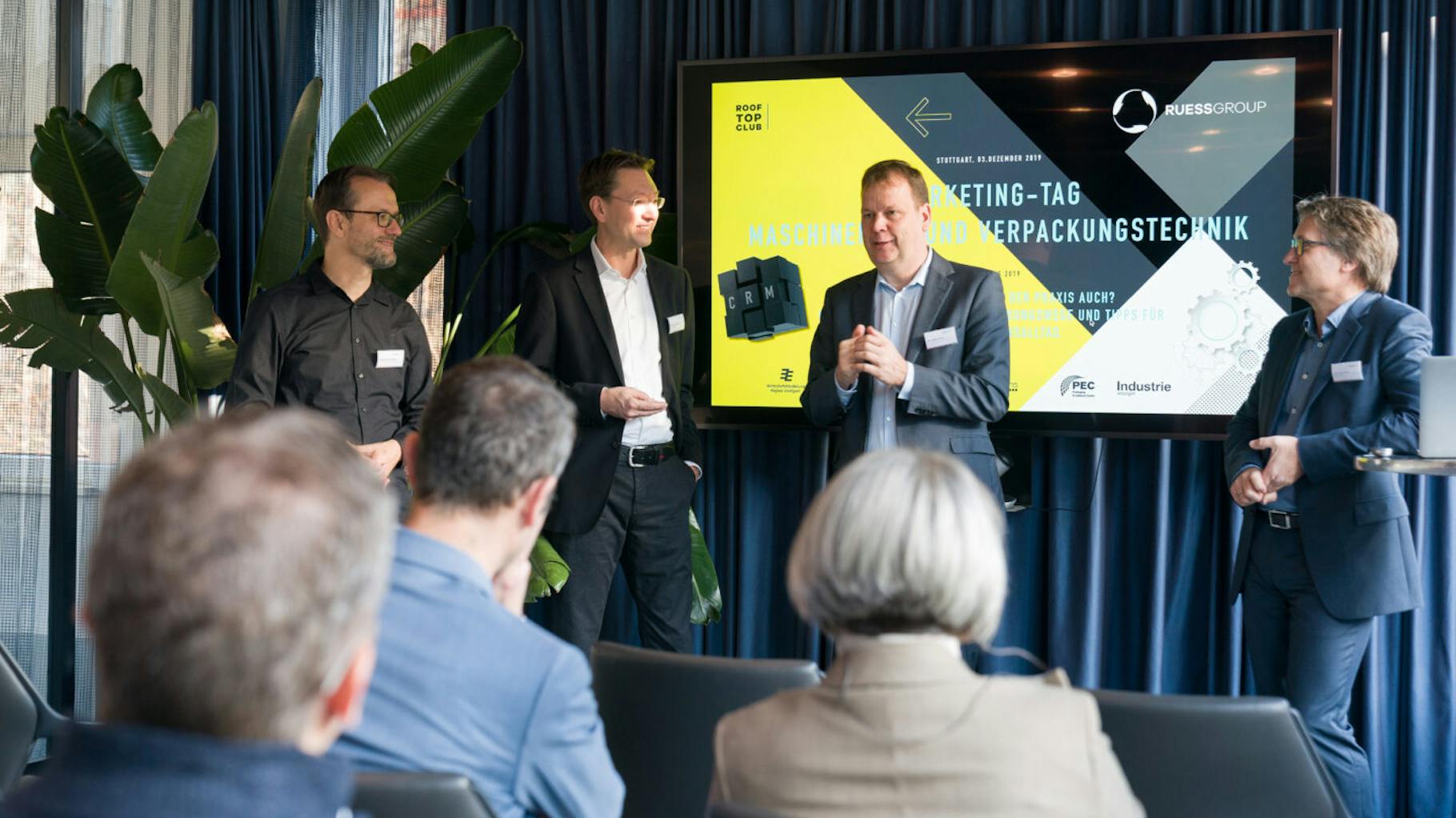 An industry in transition – Initiated by marketing agency Ruess Group together with the Packaging Excellence Center e. V. and Packaging Valley e. V.. Martin Buchwitz, Markus Rahner, Dr. Marc Funk and Steffen Ruess welcomed the 30 participants in the second Marketing Day for Mechanical Engineering and Packaging Technology (from left to right).