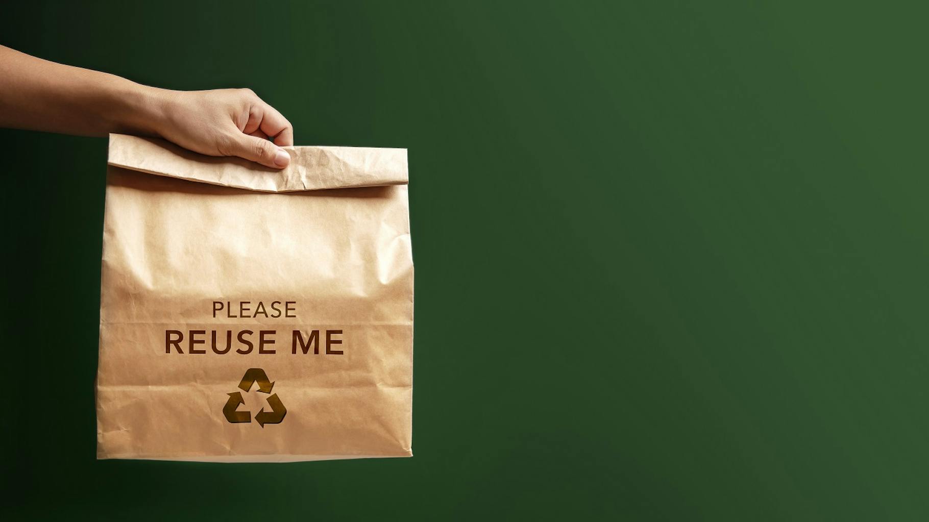 A rolled-up paper bag held by a woman's hand and labelled "Please release me" illustrates the topic of the crsd sustainability reporting