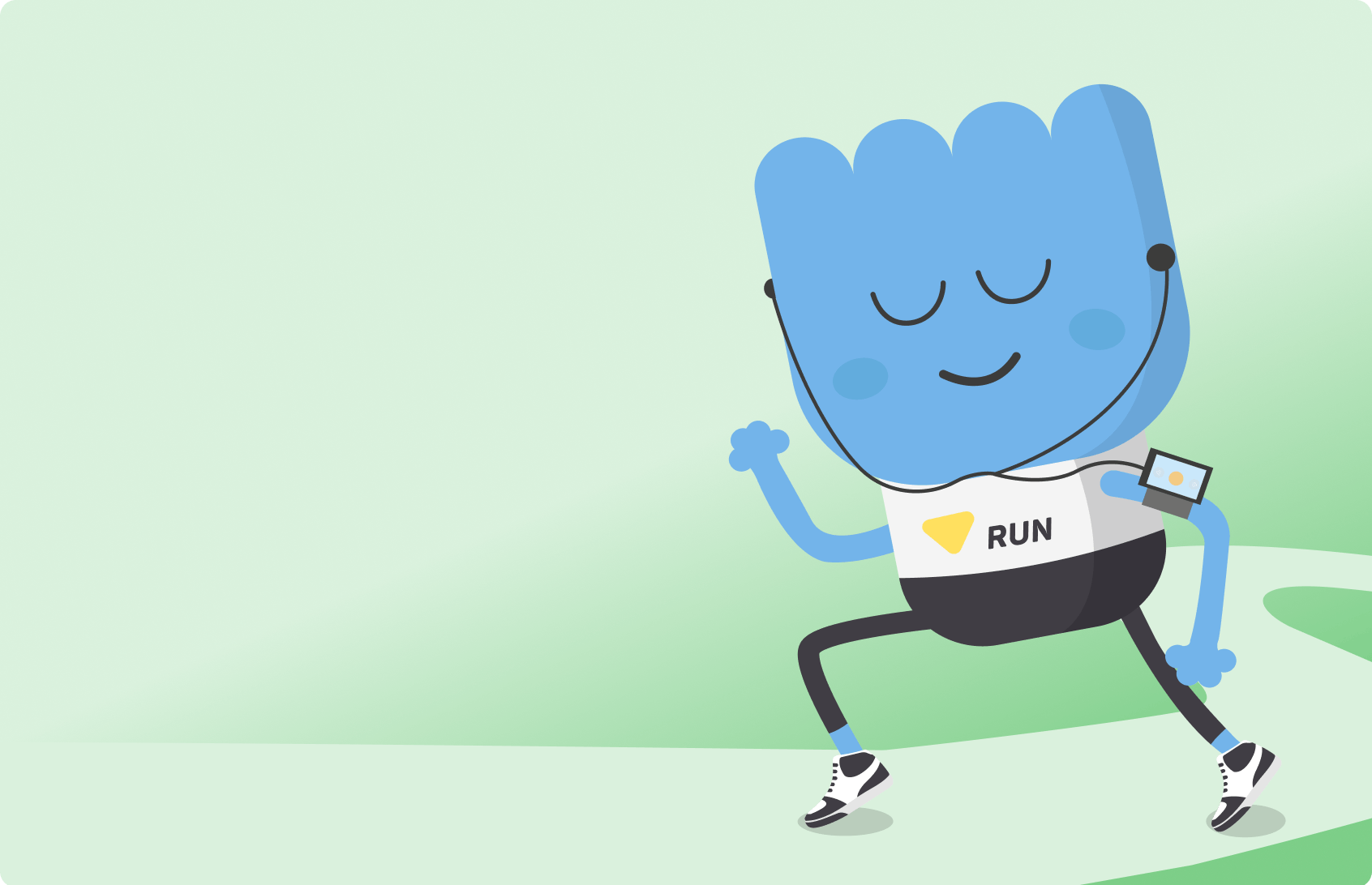 Pictured - RUNDAY character running a weekly race while listening to music
