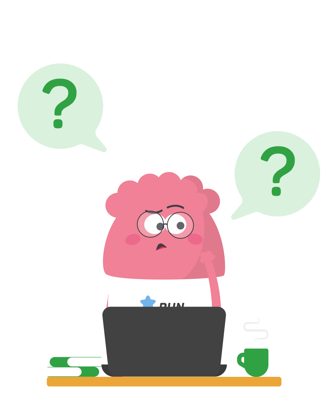 The image shows the RUNDAY character sitting at a computer and thinking about questions