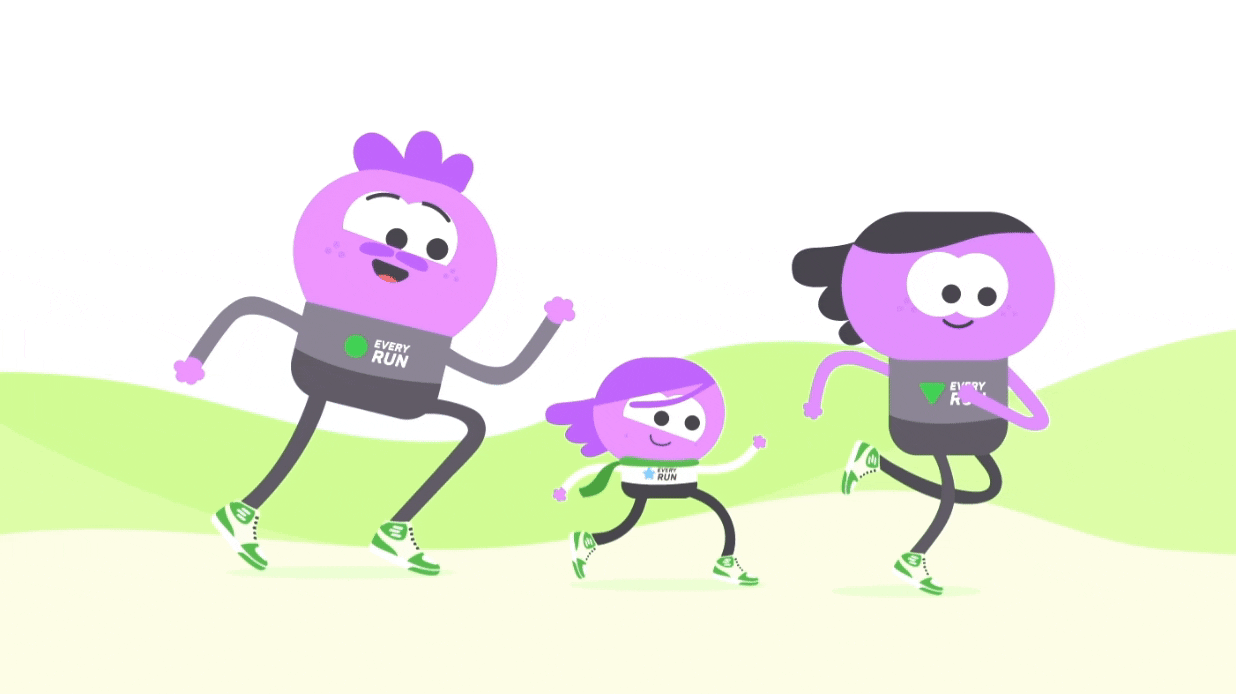 In the gif image, three EVERYRUN characters take part in a 5 km race