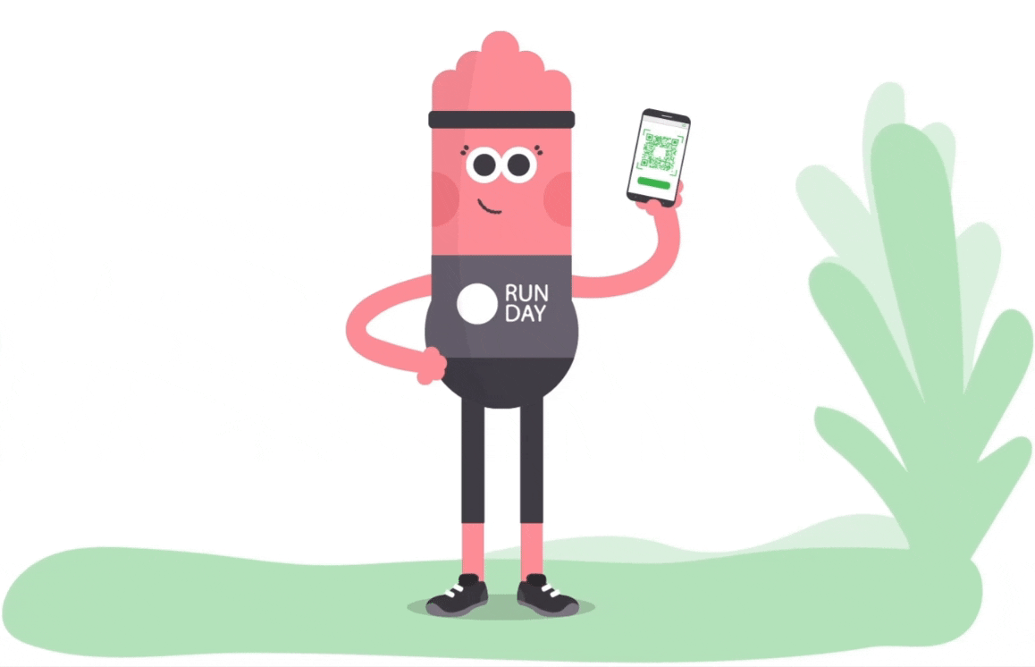 The gif image shows a RUNDAY volunteer character holding a phone with an application for recording race results