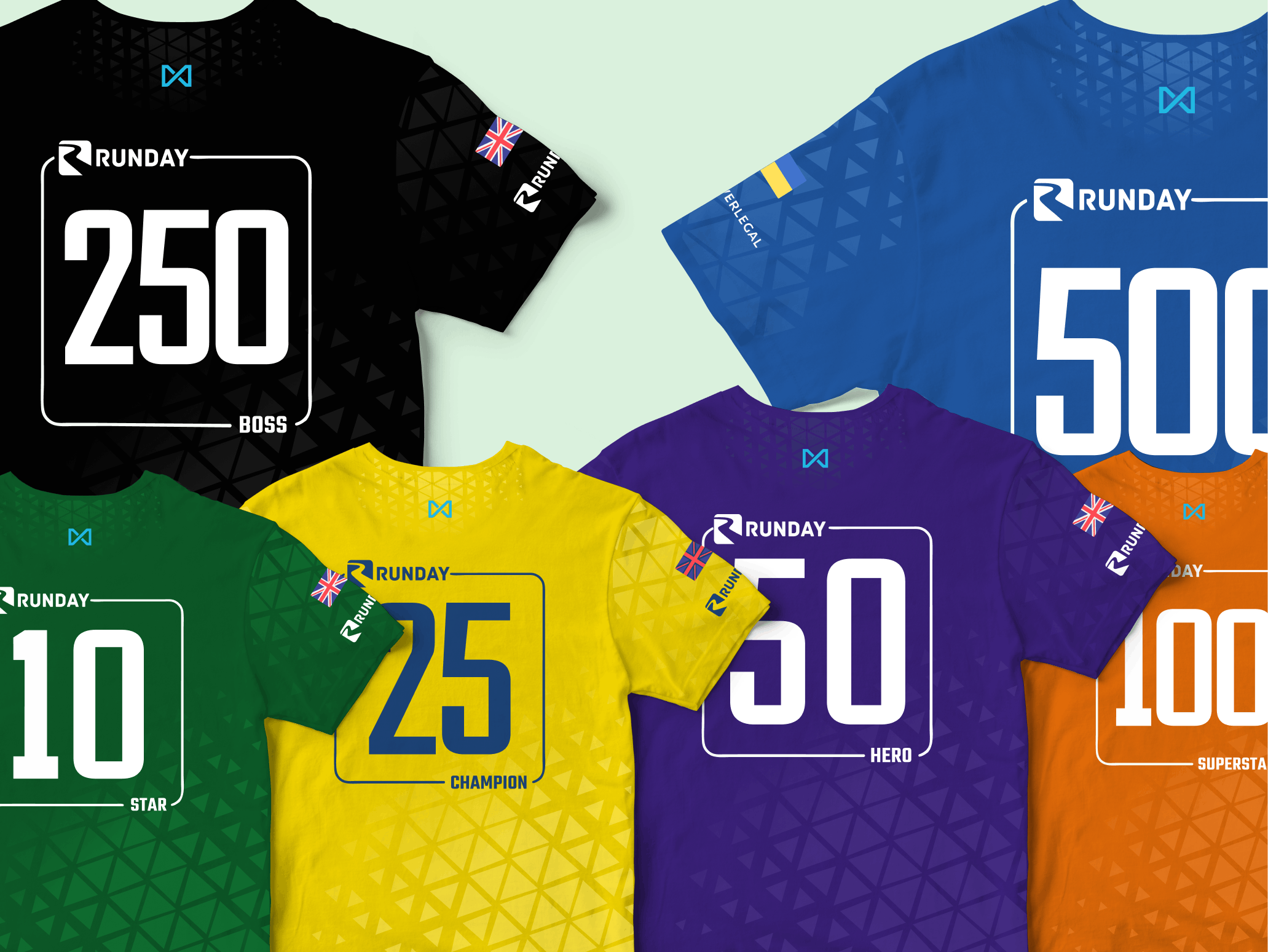 In the picture - six t-shirts different colour - green with the inscription "10 - star", yellow with the inscription "25 -champion", violet with the inscription "50-hero", orange with the inscription "100 - superstar", black with the inscription "250 - boss", blue with the inscription "500 - legend"