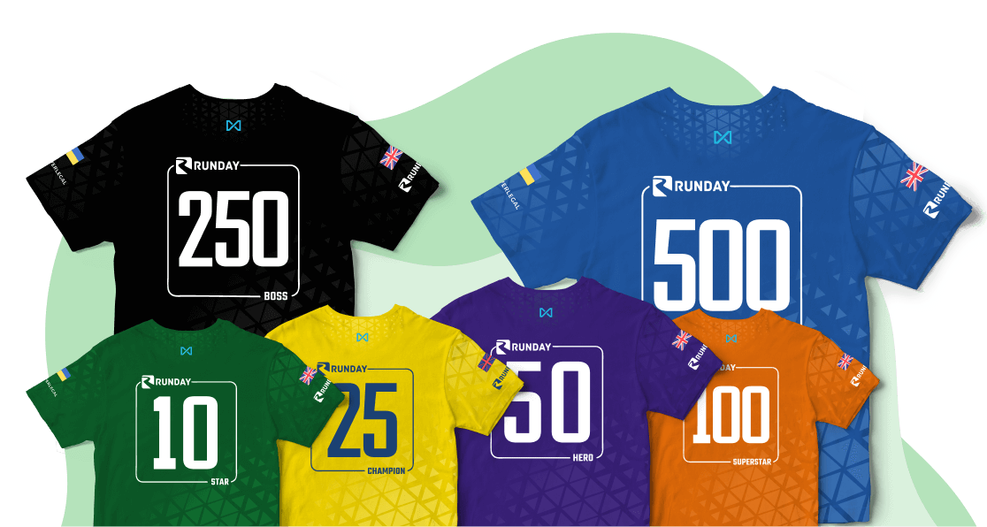 На зображенні - футболки Runday за досягнення ключових етапів разом зі спільнотою