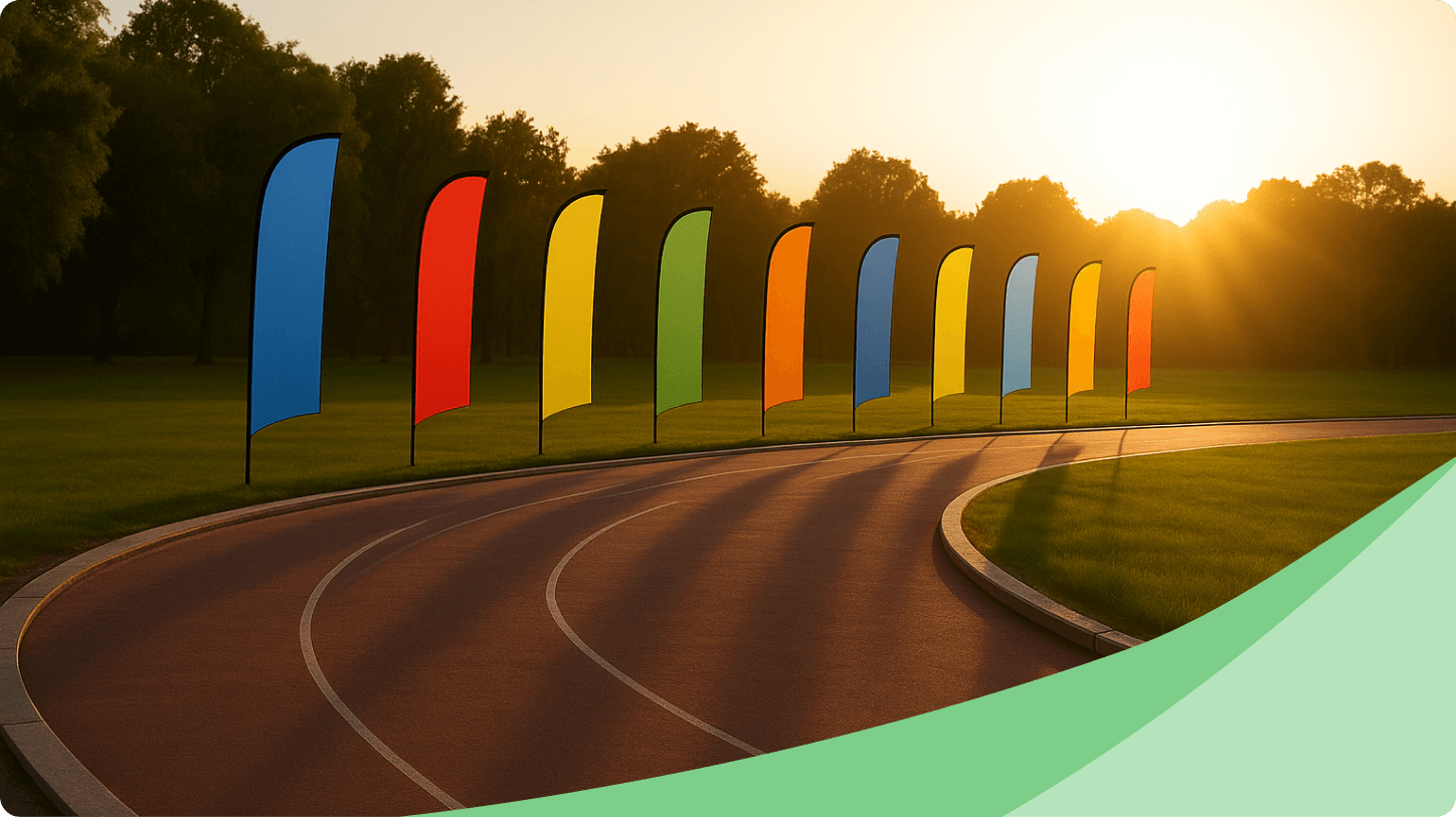 Pictured: Runday sponsor flags against the sunrise
