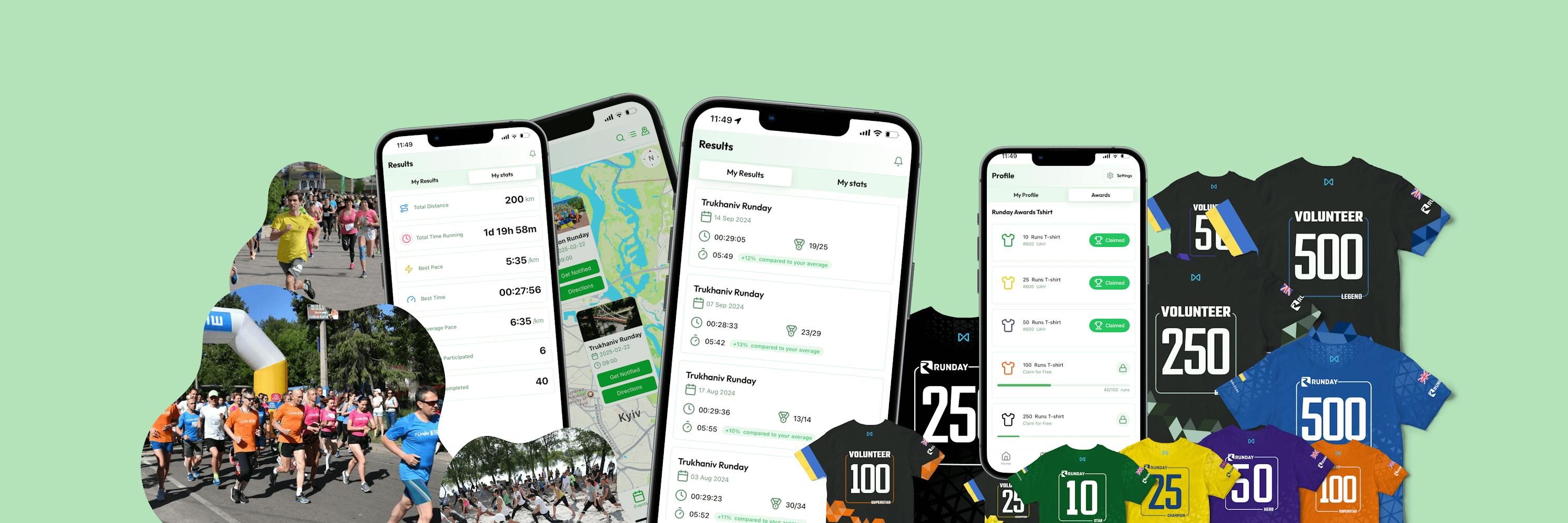 The image is a collage of several images showing the interface of four screenshots of the Runday app, branded T-shirts and race photos