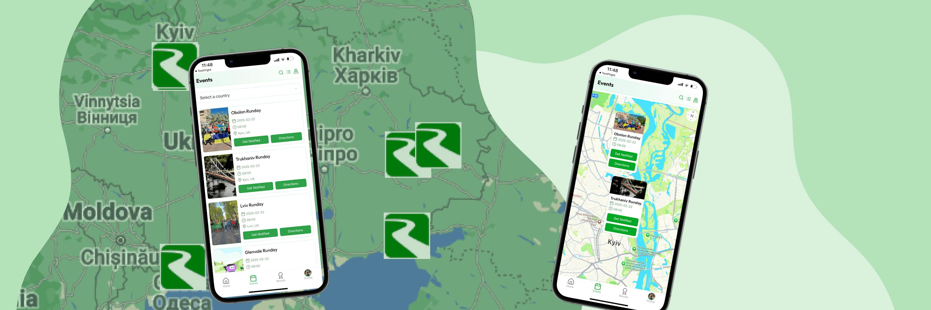 Pictured are two mobile phones with the Runday app turned on against the background of the Runday race map