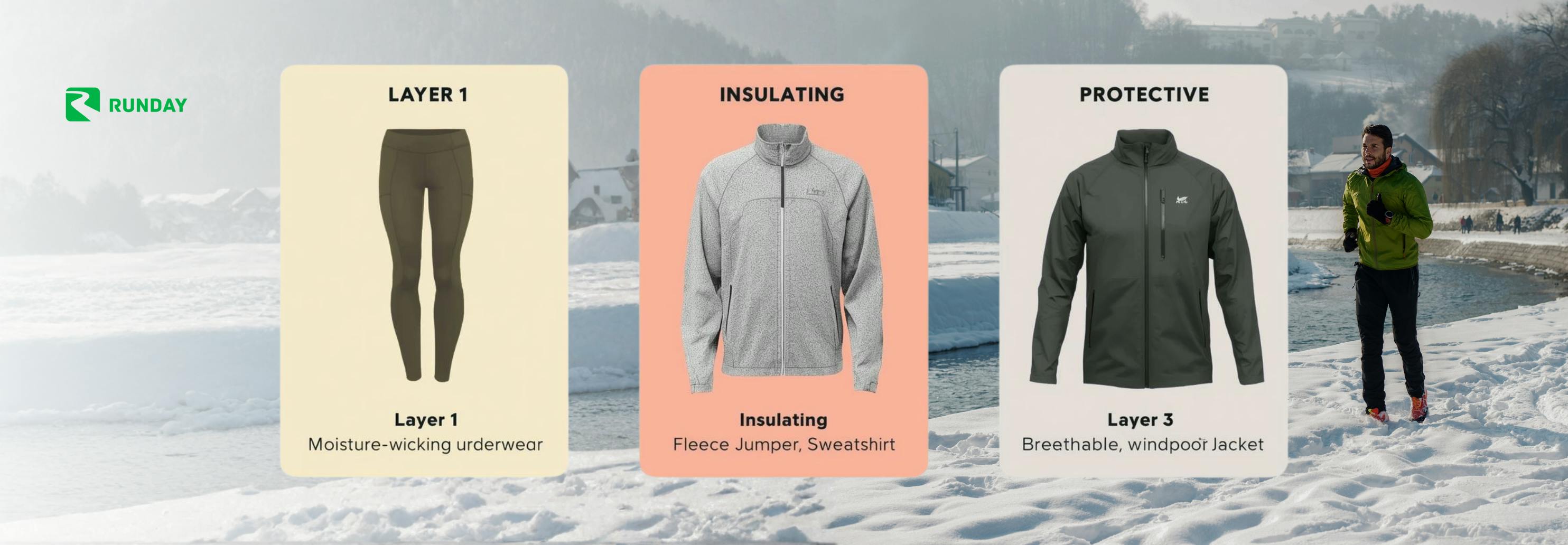 На зображенні показано, як чоловік біжить зимовим ранком, та правила як вбиратися на пробіжку в холодну погоду - мати термобілизну, флісову кофту і спортивну куртку.