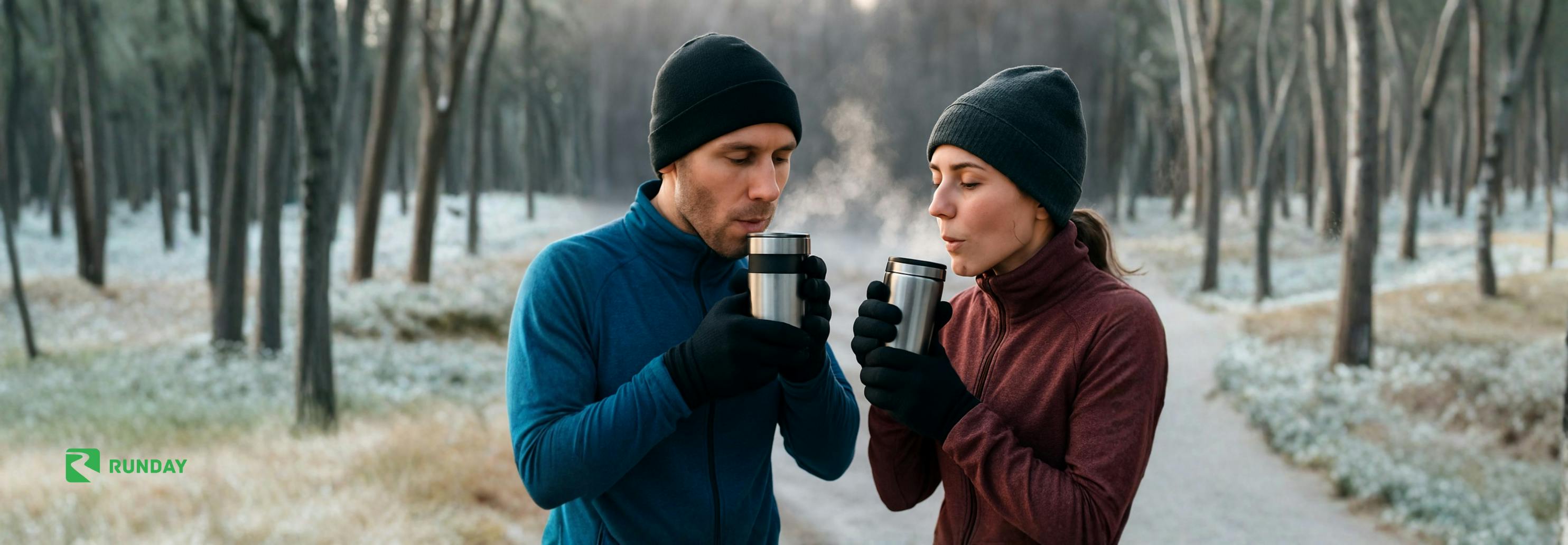 На зображенні - пара бігунів гріються, пʼючи чай після пробіжки