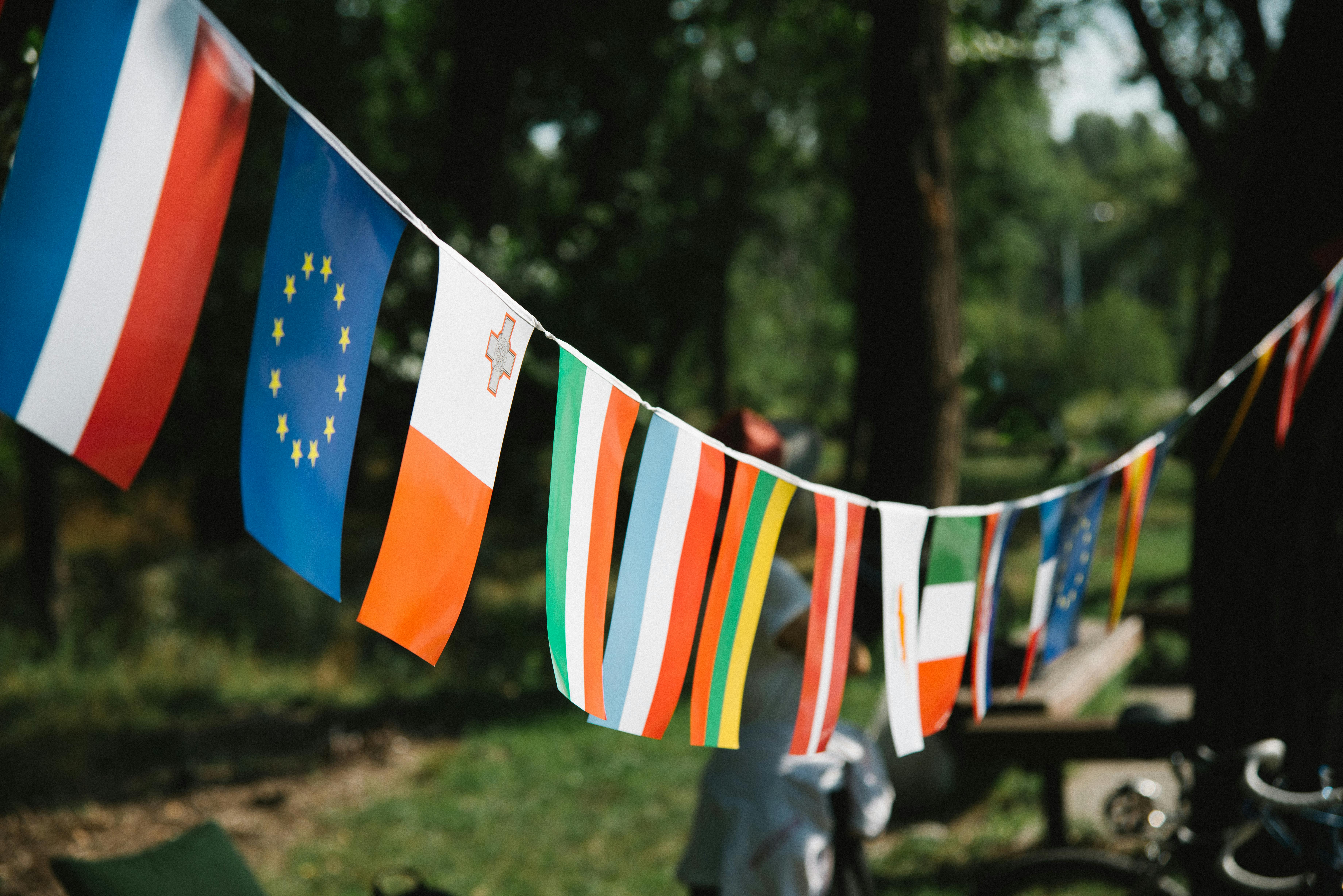 На зображенні - гірлянда з прапорів різних країн та Євросоюзу