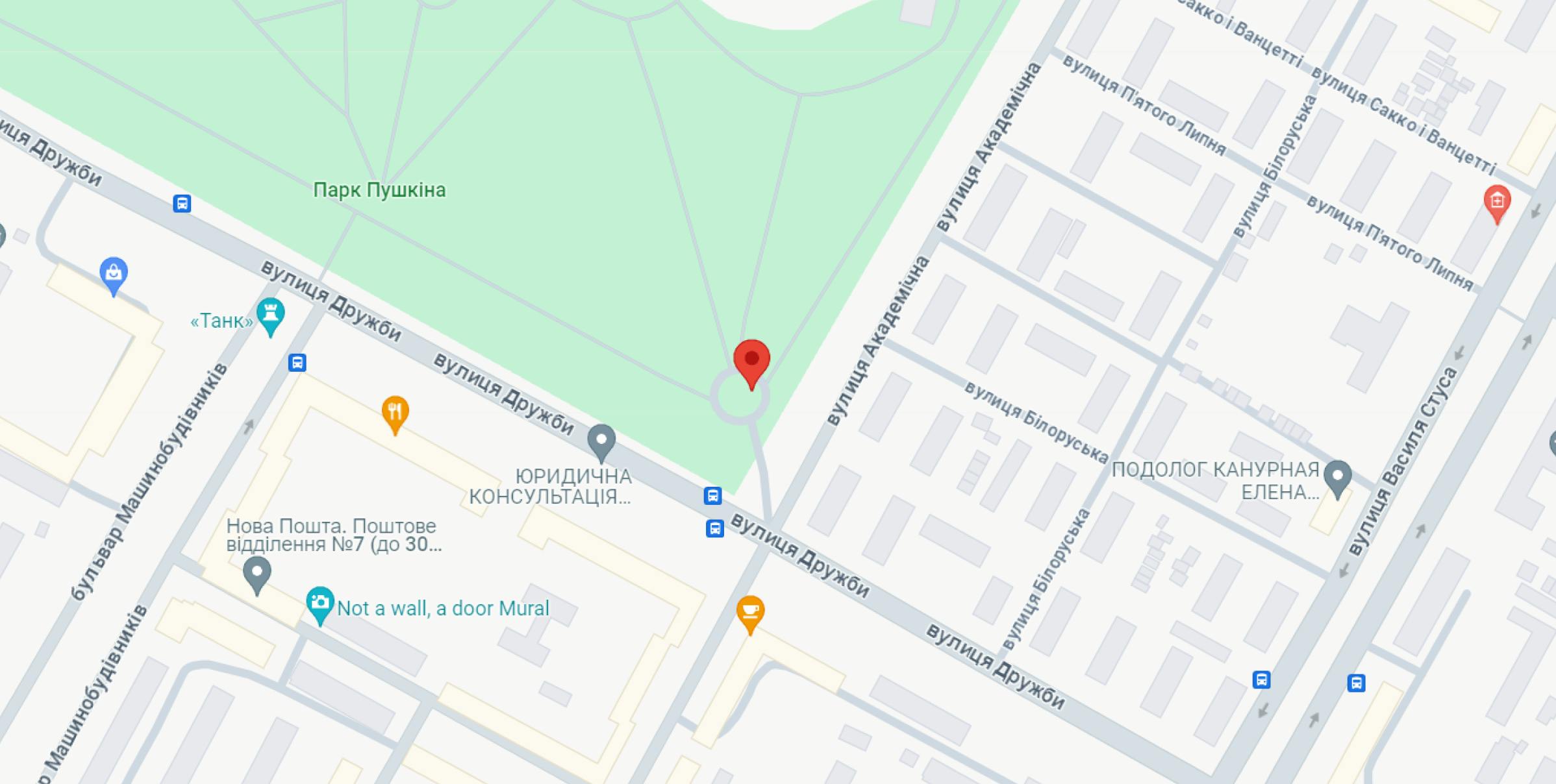 На зображенні - карта м.Краматорськ з відміткою місця для старту забігів Runday в парку Пушкіна