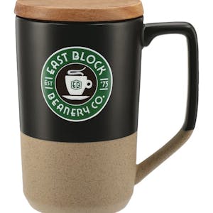 Black 16 oz tahoe tea and coffee ceramic mug with wood lid and full color logo