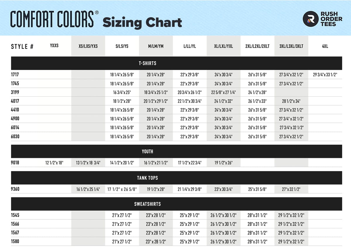 Comfort Colors 1717 Size Chart Adult Unisex Comfort Colors 1717 Sizing  Comfort Colors Unisex Adult Heavyweight T-shirt Size Chart 