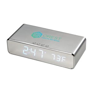 Silver keen wireless charging desk clock with full color logo on top