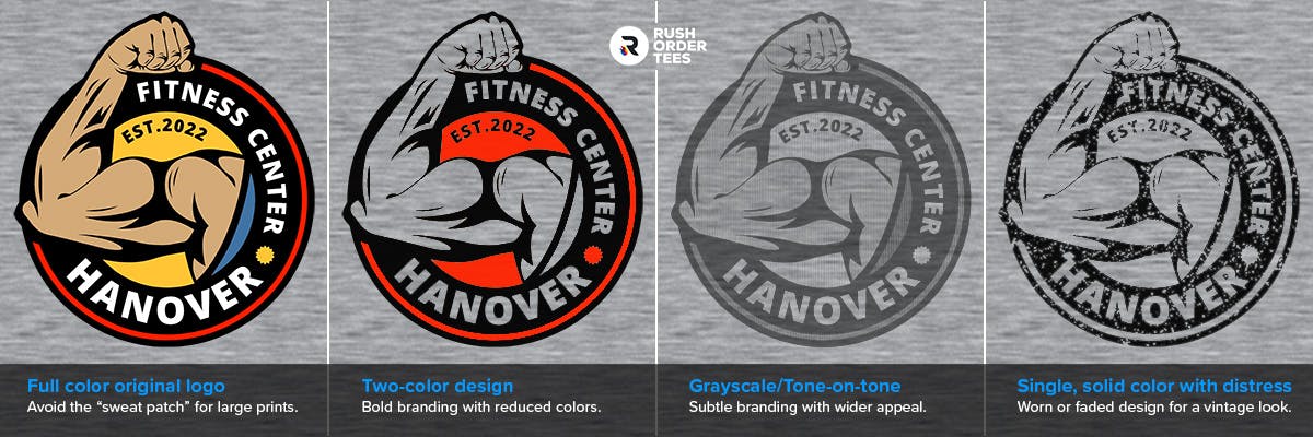 Different branding looks for custom gym shirts.