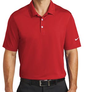 Person wearing red Nike Dri-Fit vertical mesh polo with white nike swish on left sleeve