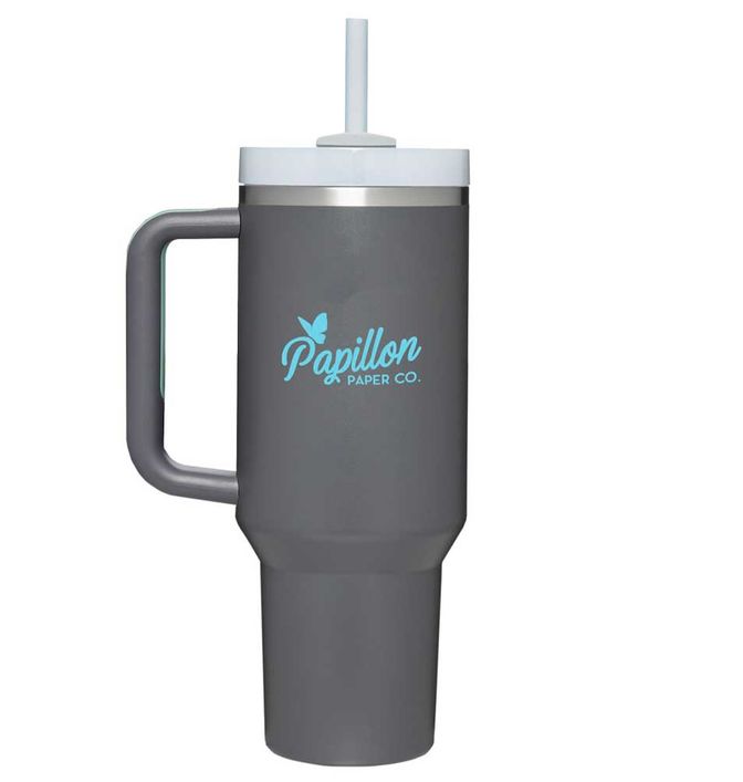 Charcoal Stanley Quencher H2.0 FlowState 40 oz tumbler with light blue imprint