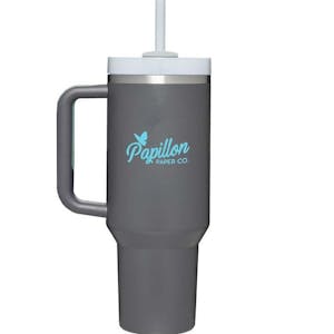Charcoal Stanley Quencher H2.0 FlowState 40 oz tumbler with light blue imprint