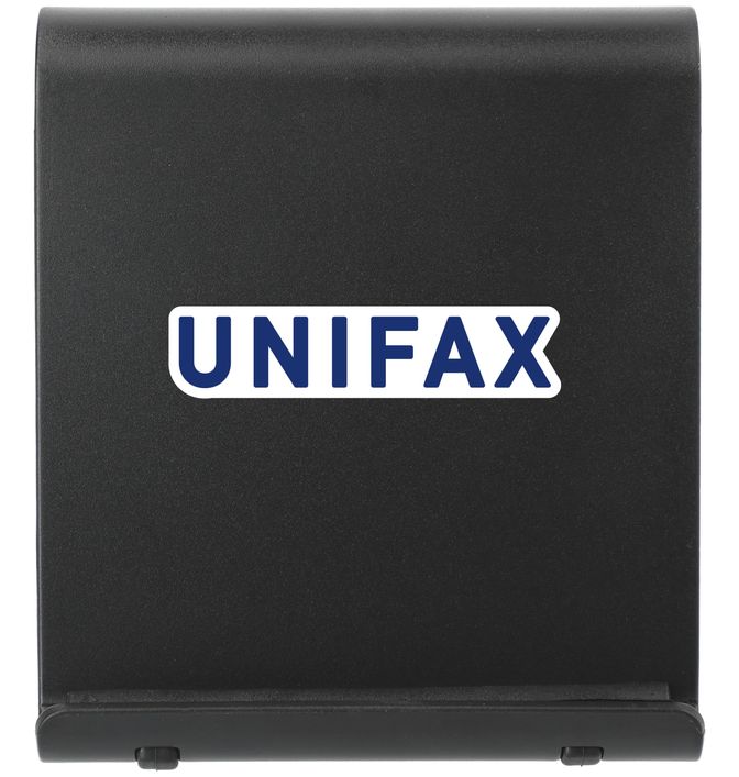 black Resty phone and tablet stand with full color logo