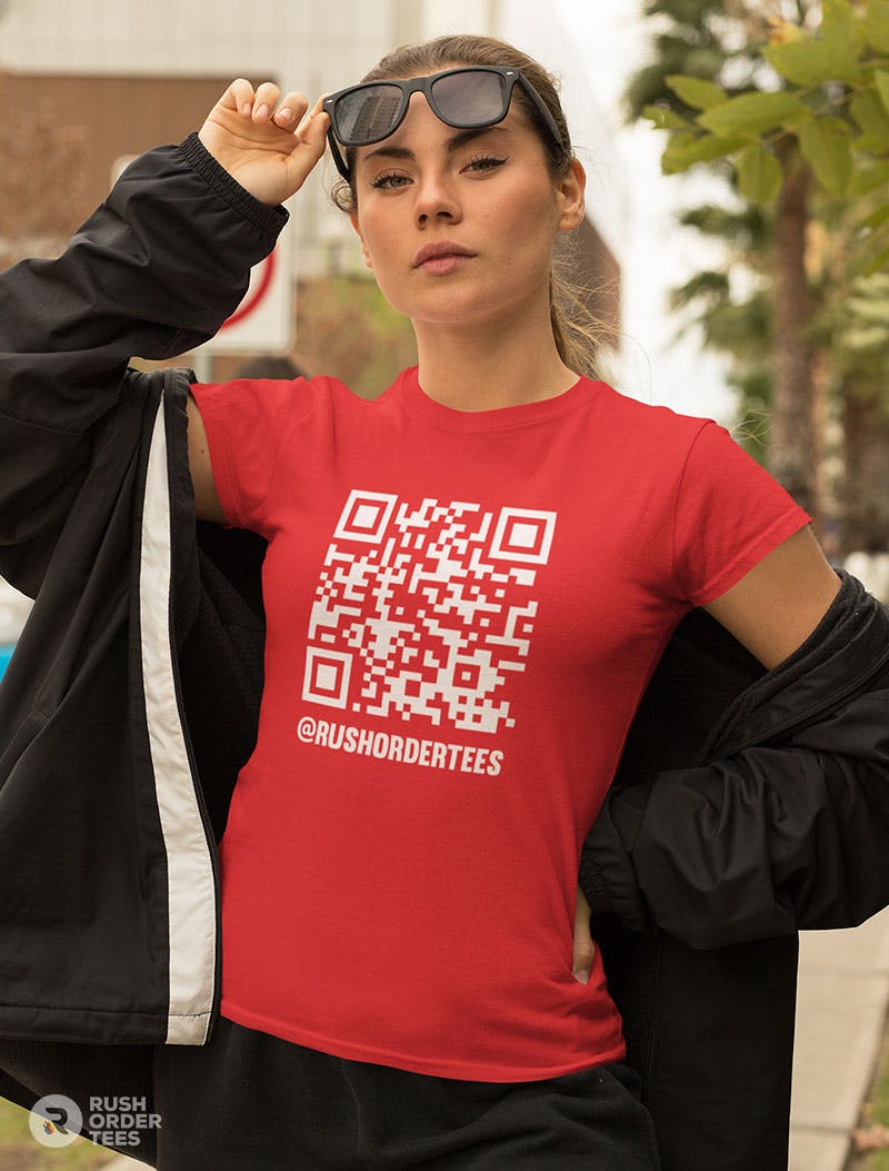 Woman wearing a t-shirt with QR code.