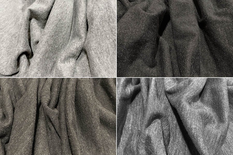 Closeups of four different premium T-shirts made with tri-blend fabric.