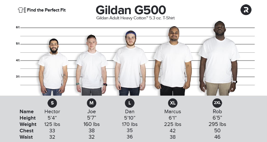 Gildan Heavy Cotton T-Shirt Size chart - G500