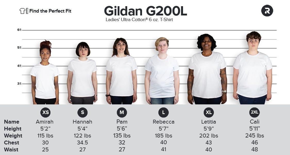 Women's Ultra Cotton T-Shirt Size chart - G200L