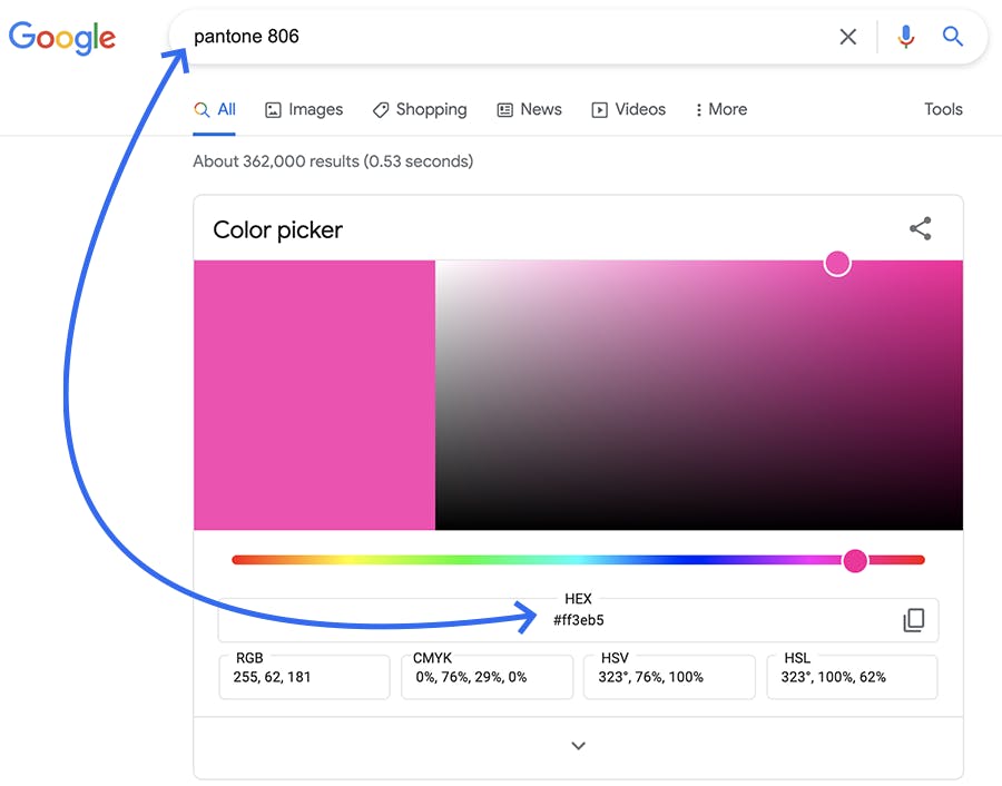 Google color picker tool gives you the HEX codes of Pantone colors